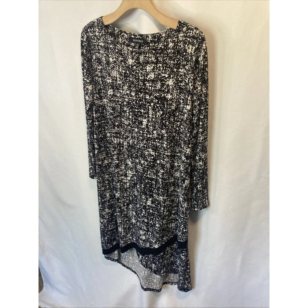 Ellen Tracy Dress Midi L Womens Black White Hi Low Hem Slip Over Asymmetrical - Picture 2 of 9